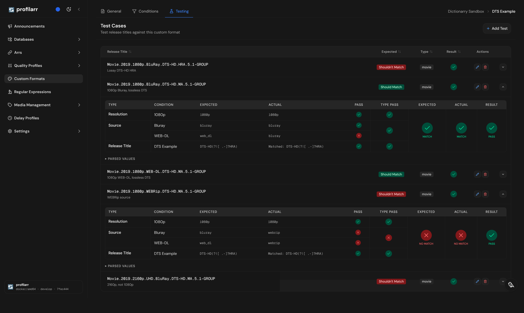 The Testing tab of the DTS Example custom format with five tests, all passing. The 1080p Bluray and WEBRip tests are expanded: for the Bluray release the Source type passes through its Bluray condition and the format matches, and for the WEBRip release both Source conditions fail, the Source type fails, and the format doesn't match.